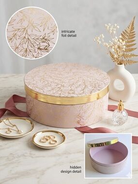 Large 13" Round Decorative Storage Gift Box Blush Pink Gold Foil Leaf Pattern